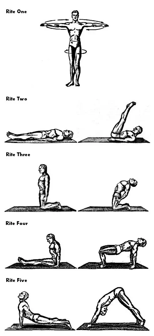 Illustration af de 5 tibetanske yogaøvelser